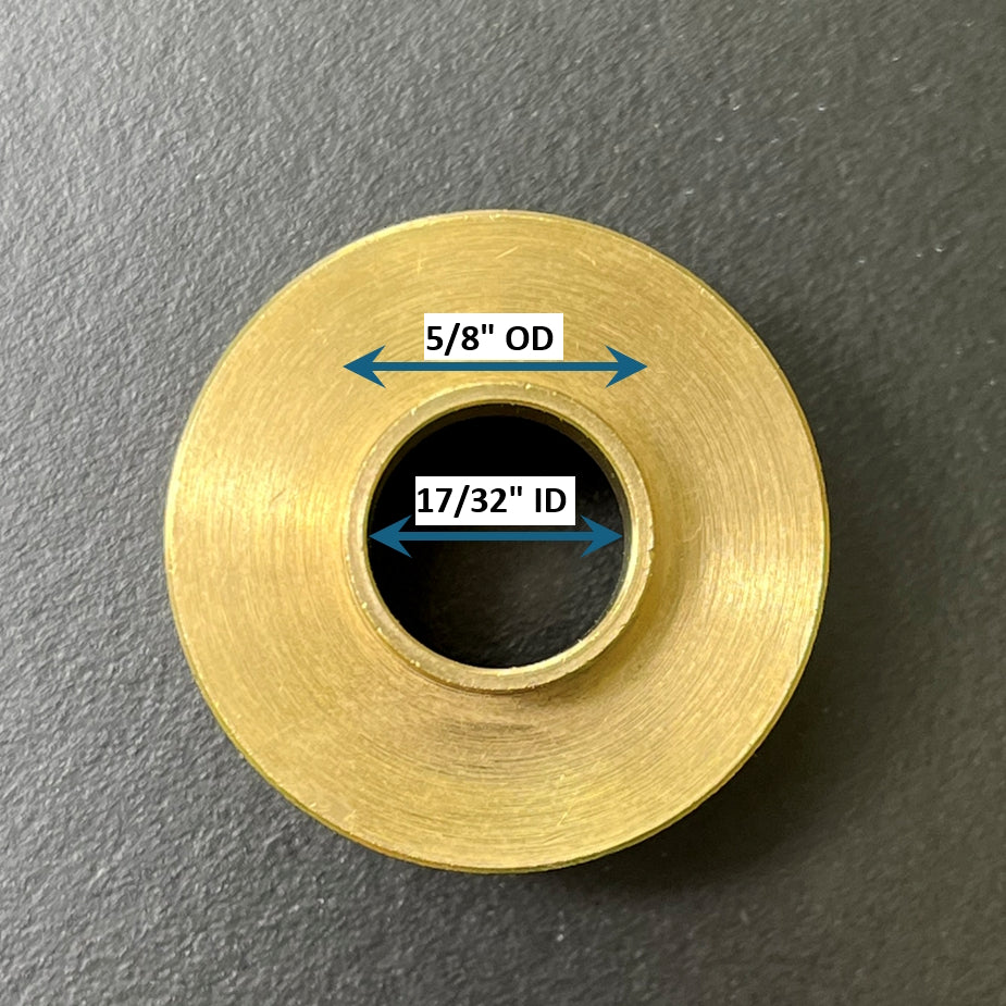 Gold metal bushing with labeled dimensions on a gray background