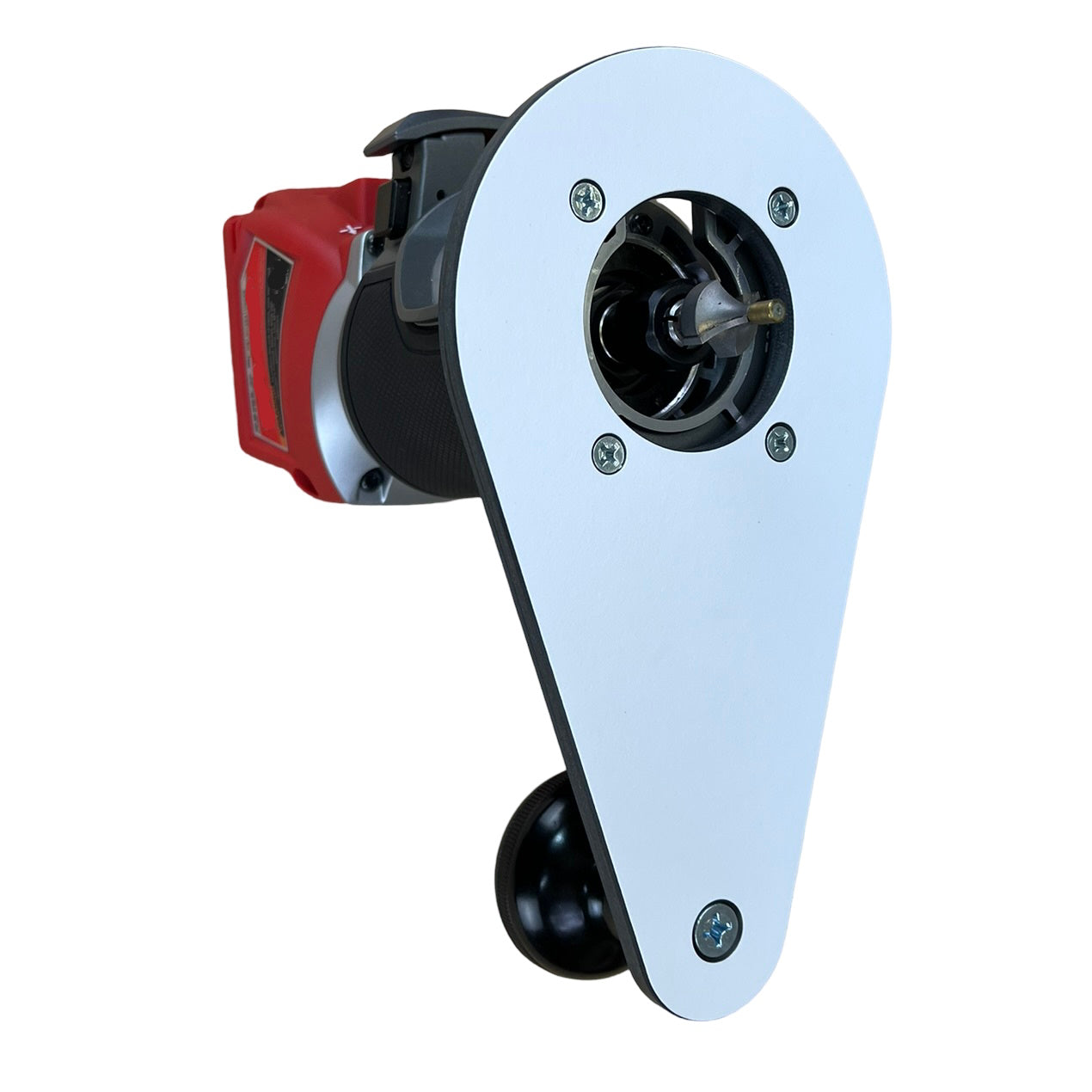 Bottom view of Milwaukee M18 mounted on an offset base plate