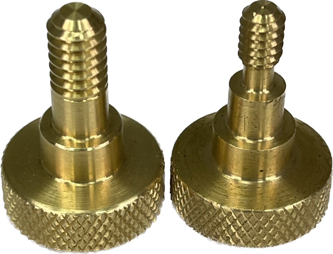 Two brass replacement indexing knobs for a miter gauge, displaying threaded stems and textured grips.