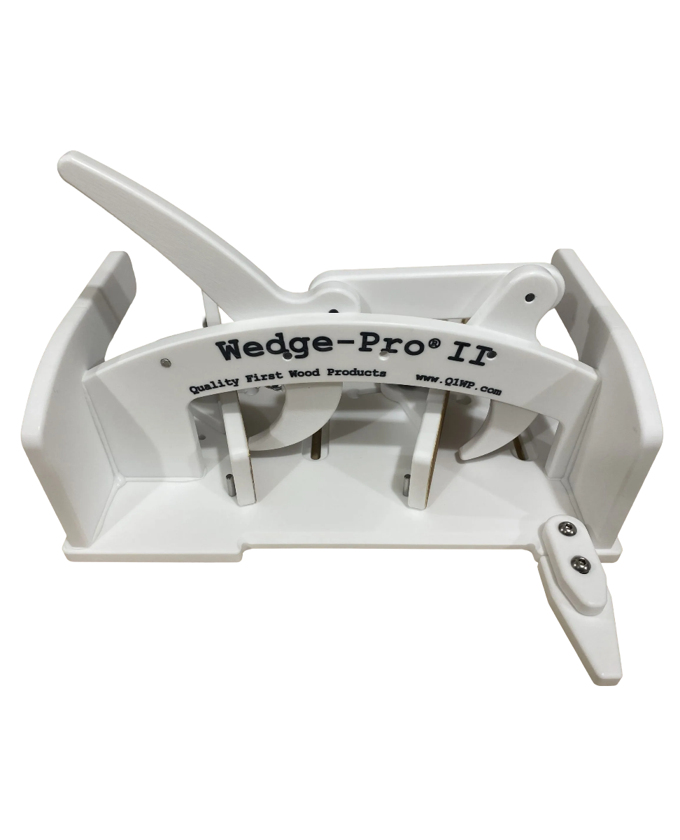 A white segmented circle cutting sled with labels and components, designed for use with a table saw.