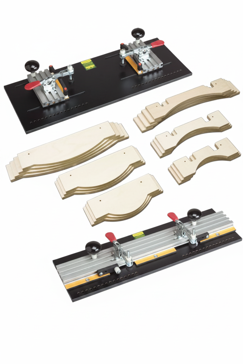 A woodworking accessory kit featuring two black and silver jig bases with knobs and clamps, alongside a stack of curved beige wooden templates or guides, all arranged on a plain white background.