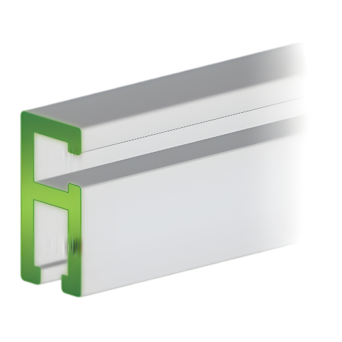 A double track aluminum extrusion, typically used as a component in woodworking jigs or saw fences, silver in color available in several lengths.