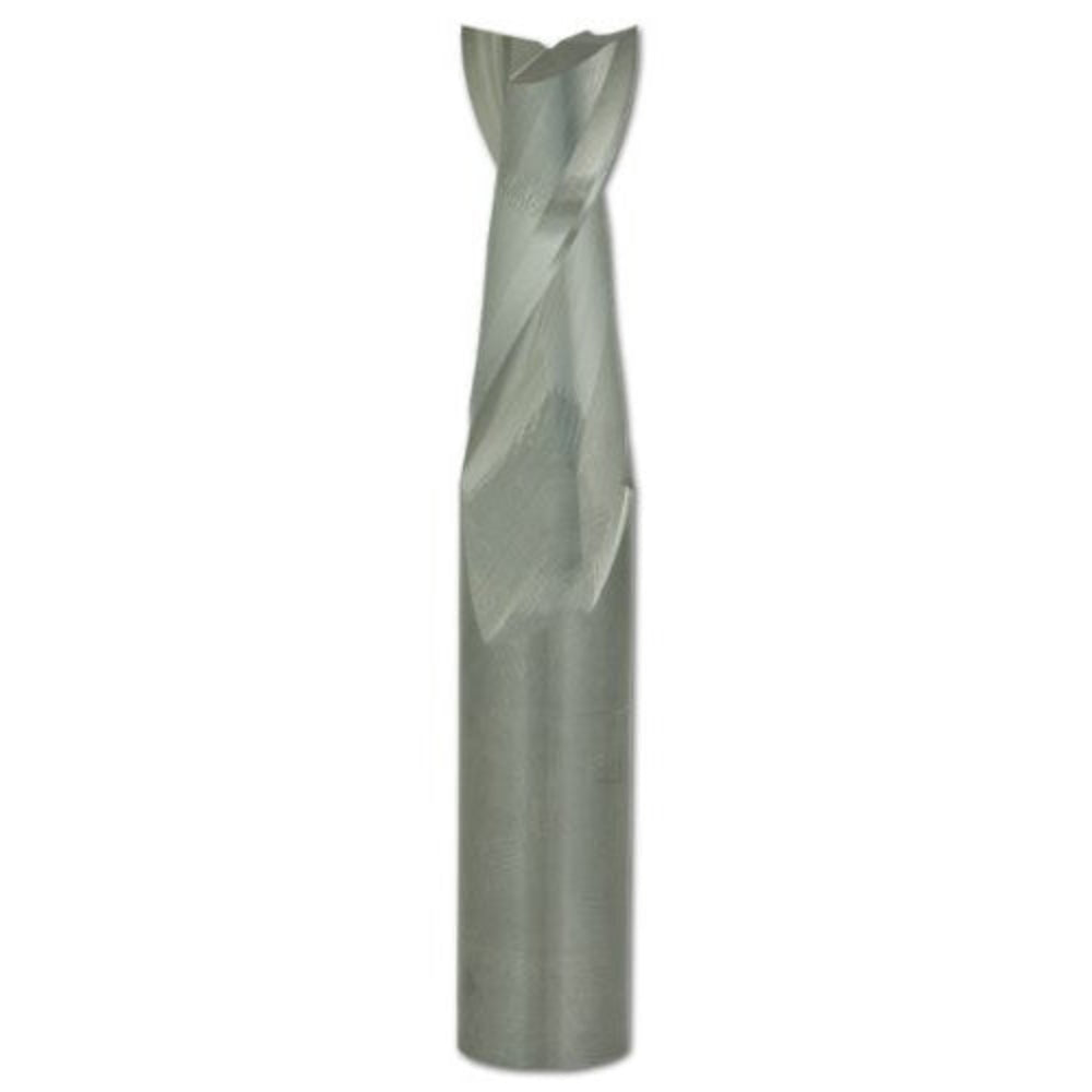 A solid carbide spiral up-cut router bit with a silver finish, designed for precision plunge cutting in woodworking.