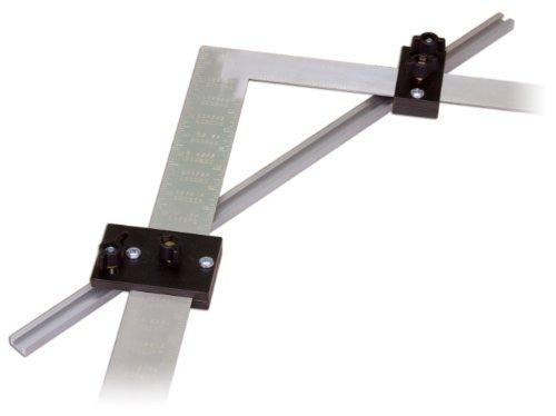 A stair gauge with black legs and silver metallic body, designed for laying out stair stringers.