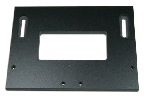 A black metal door hinge template with multiple pre-drilled holes for wood attachment.