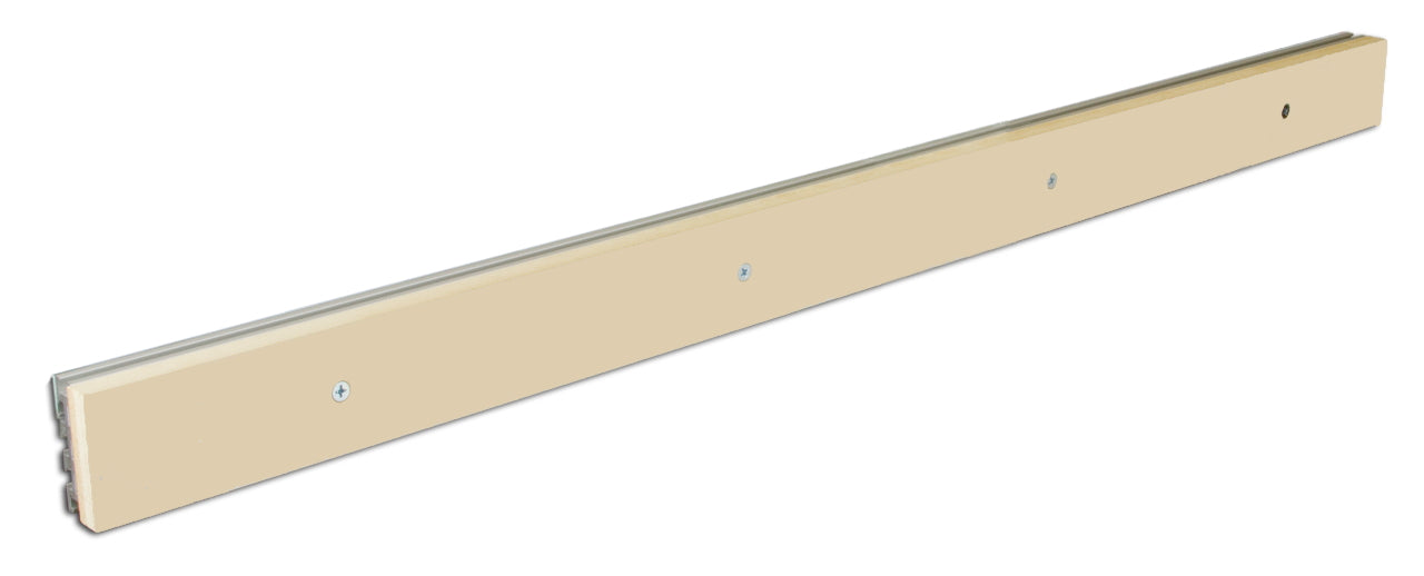 A beige table saw fence kit including a long aluminum track and a MDF fence face, with screws and hardware for mounting.