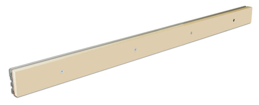 A beige table saw fence kit including a long aluminum track and a MDF fence face, with screws and hardware for mounting.