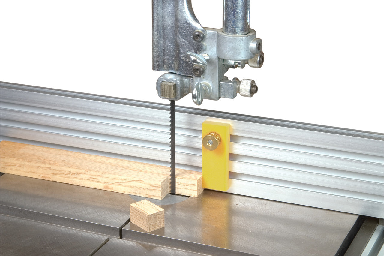 close up view of the stop on a band saw fence