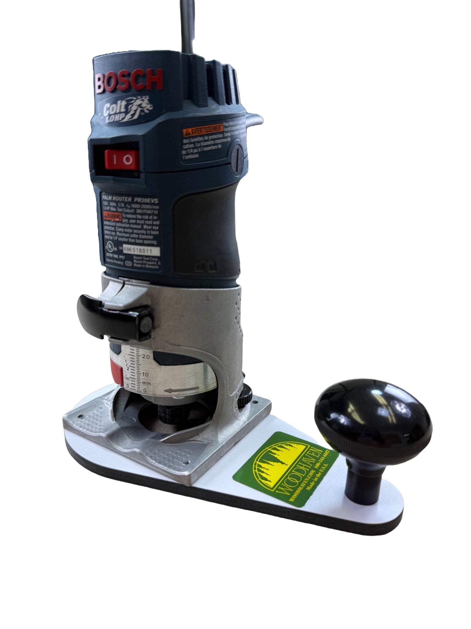 Bosch router on a white offset baseplate