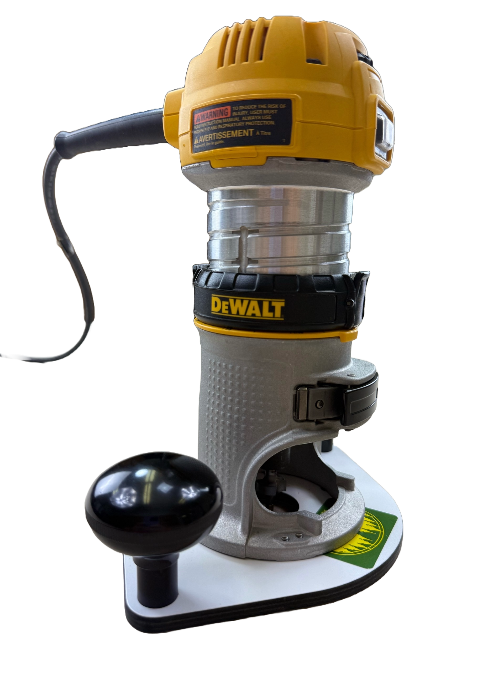 DeWalt router on a white auxiliary base plate