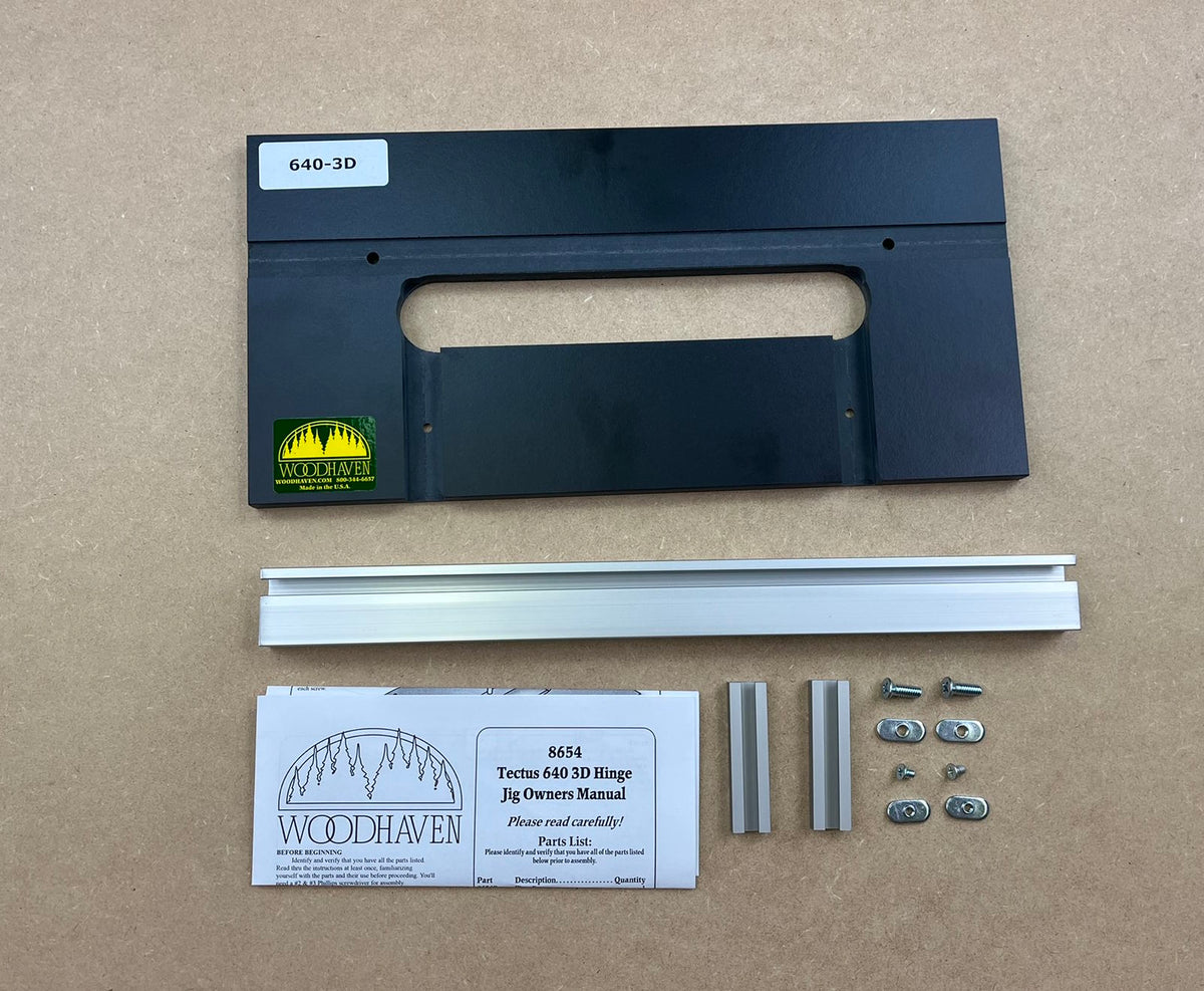 Woodhaven 640-3D Tectus 640 3D Hinge kit components laid out. Including a black hinge template, aluminum rails, mounting hardware, and an owner's manual.