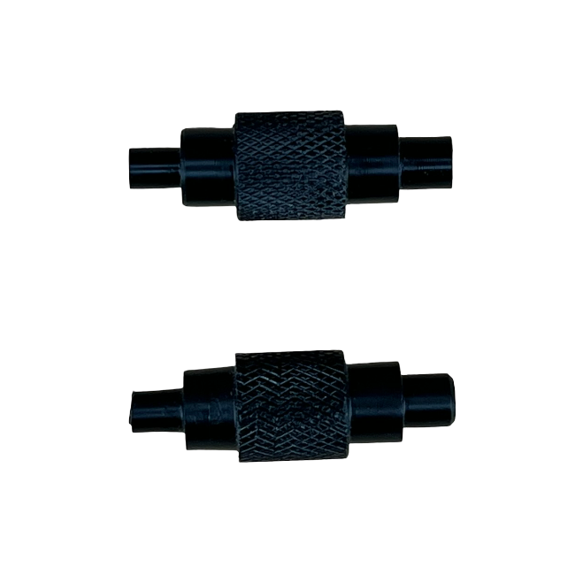 A black locating pin for shelf pin jigs with a textured grip in the center and blue ends.