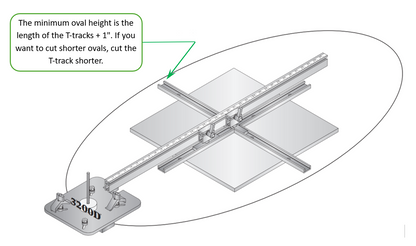 Diagram of the oval jig T-track crosspiece with a note that minimum oval height equals T-track length plus 1 inch