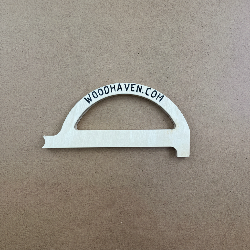 A light-colored wooden decorative piece with a semi-circular top and the text 'WOODHAVEN.COM' printed in black along the curve, placed on a textured brown background.