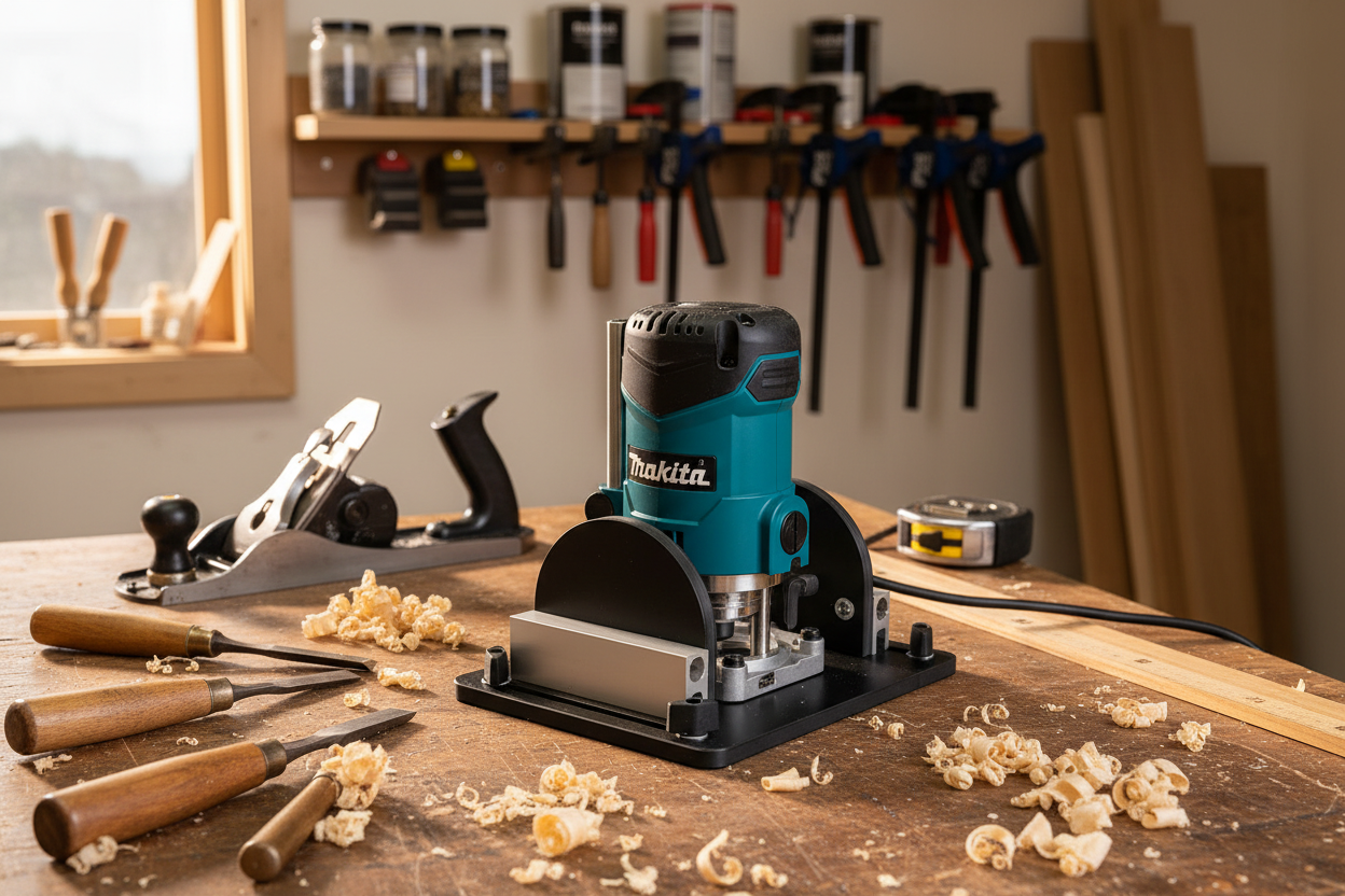 Naguri Pattern Jig with Makita Router on Workbench