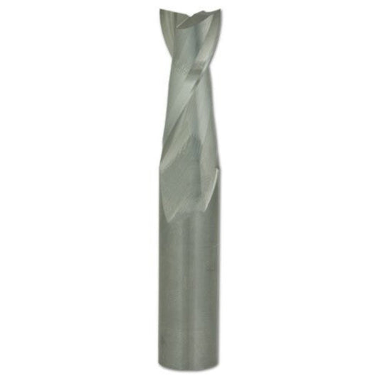 A solid carbide spiral up-cut router bit with a silver finish, designed for precision plunge cutting in woodworking.