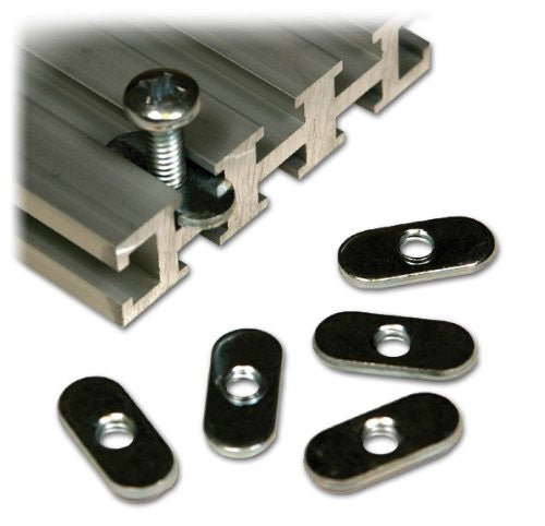 A set of 10 black oval nuts placed alongside a track with a screw, presumably for attachment purposes.